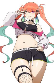 1girl absurdres choker cosplay cropped_jacket daydarion earrings feather_earrings feathers green_hair hair_ornament hairclip highres hololive hololive_english jewelry long_hair looking_at_viewer midriff multicolored_hair navel o-ring o-ring_choker one_eye_closed orange_hair purple_eyes short_shorts shorts simple_background single_fishnet_legwear smile solo takanashi_kiara tokoyami_towa tokoyami_towa_(1st_costume) tokoyami_towa_(cosplay) twintails v virtual_youtuber white_background