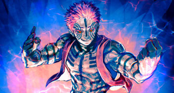 1boy akaza_(kimetsu_no_yaiba) arm_markings body_markings clenched_hand colored_eyelashes commentary_request facial_mark kimetsu_no_yaiba male_focus muscular muscular_male pink_hair red_eyes red_vest short_hair smile solo tdsuke upper_body veins veiny_arms veiny_hands vest