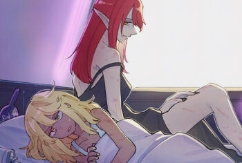 Rule 34 | 2girls, bare legs, beer can, blonde hair, bruise, can, commentary request, dark-skinned female, dark skin, drink can, elezen, elf, final fantasy, final fantasy xiv, heterochromia, hickey, highres, honey b. lovely, implied after sex, injury, messy hair, morning, multiple girls, pointy ears, radoge14, red hair, shared bed, strap slip, sweatdrop, thighs, vamp fatale, yuri