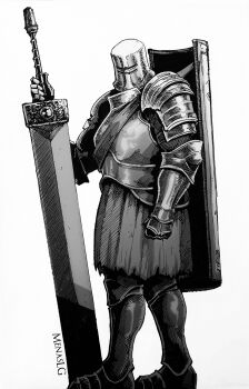 1boy absurdres armor artist_name breastplate commentary dark_souls_(series) dark_souls_i full_armor full_body gauntlets greatsword greaves helm helmet highres holding holding_sword holding_weapon iron_tarkus knight male_focus menaslg monochrome pauldrons shield shoulder_armor solo stare_down sword weapon