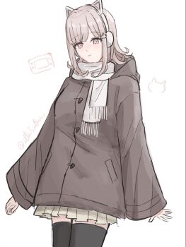 1girl animal_ear_headphones animal_ears artist_name black_thighhighs brown_jacket cat_ear_headphones cat_ears cowboy_shot danganronpa_(series) danganronpa_2:_goodbye_despair dontsu_(illu5i0ns) fake_animal_ears hair_ornament headphones highres hood hood_down jacket long_sleeves medium_hair miniskirt nanami_chiaki pink_eyes pleated_skirt scarf simple_background skirt solo thighhighs white_background