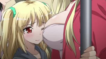 animated anime_screenshot between_breasts blonde_hair blush boku_wa_tomodachi_ga_sukunai breasts butterfly_hair_ornament cleavage face_against_breast fang hair_ornament hasegawa_kobato head_between_breasts height_difference huge_breasts kashiwazaki_sena smother tagme train_interior video yuri