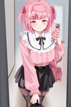 1girl absurdres alternate_costume bag belt black_belt black_ribbon black_skirt blush breasts cellphone closed_mouth collared_shirt commentary doki_doki_literature_club ear_piercing eyelashes fang fingernails grey_thighhighs hair_intakes hair_ribbon handbag heart highres holding holding_phone jirai_kei kakigorimaru long_sleeves mirror_selfie nail_polish natsuki_(doki_doki_literature_club) neck_ribbon phone piercing pink_bag pink_eyes pink_hair pink_shirt red_nails red_ribbon ribbon selfie shirt short_hair skirt smartphone smile solo thighhighs two_side_up zettai_ryouiki