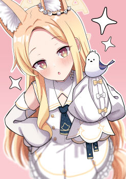 1girl absurdres animal_ear_fluff animal_ears bird bird_on_hand blonde_hair blue_archive blue_necktie blush capelet commentary_request detached_sleeves dress forehead fox_ears fox_girl gold_trim halo highres hosinonana long_hair long_sleeves looking_at_viewer necktie open_mouth orange_eyes seia_(blue_archive) sleeves_past_wrists sparkle very_long_hair white_capelet white_dress yellow_halo