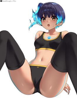 1girl black_panties black_sports_bra black_thighhighs body_markings cameltoe chest_jewel fiery_hair glowing_lines highres navel open_mouth paid_reward_available panties riro_(breakthrough_rr) sena_(xenoblade) side_ponytail solo sports_bra spread_legs stomach sweat thighhighs thighs underwear underwear_only xenoblade_chronicles_(series) xenoblade_chronicles_3 yellow_trim