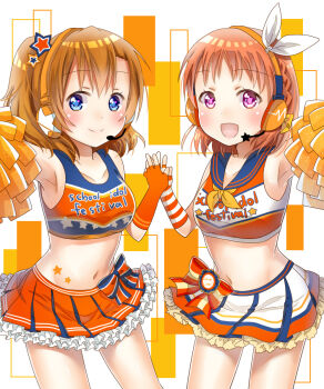 2girls blue_eyes braid breasts collarbone commentary_request fingerless_gloves gloves headphones highres korin_(ra-sky07) kosaka_honoka love_live! love_live!_school_idol_festival love_live!_school_idol_project love_live!_sunshine!! midriff multiple_girls navel no_ahoge one_side_up orange_hair pom_pom_(cheerleading) red_eyes short_hair side_braid small_breasts takami_chika takaramonozu