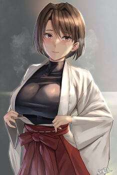 1girl black_shirt breasts brown_eyes brown_hair closed_mouth commentary_request hakama hakama_skirt highres hyuuga_(kancolle) hyuuga_(miko)_(kancolle) japanese_clothes kantai_collection kimono kokuzou large_breasts light_smile looking_to_the_side official_alternate_costume red_hakama shirt short_hair signature skirt solo steaming_body sweat undershirt white_kimono