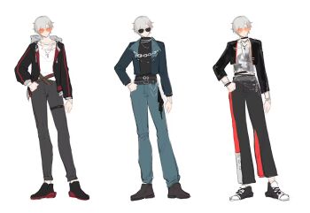1boy alternate_costume artist_collaboration black_jacket black_pants black_shirt black_shoes blue_jacket blue_pants commentary english_commentary grey_hair grey_pants highres honkai_(series) honkai_impact_3rd jacket kalpas_(honkai_impact) male_focus multiple_views orange-tinted_eyewear pants reference_sheet sang_sha shirt shoes short_hair simple_background sketch sunglasses tinted_eyewear white_background white_shirt zelian