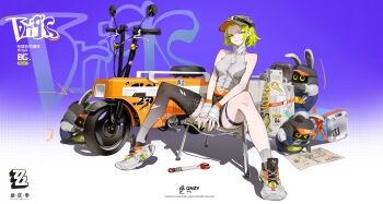 >_o 1girl absurdres animal artist_logo artist_name asymmetrical_legwear bangboo_(zenless_zone_zero) bare_shoulders baseball_cap black_hat black_shorts blue_background blue_overalls blueprint_(object) box cable camping_chair canister chain chain_necklace chair character_name chinese_commentary chinese_text clothed_animal commentary copyright_name covering_crotch covering_privates cross cross_necklace earrings ears_through_headwear english_text fanny_pack fingerless_gloves fingernails folding_chair full_body gloves gradient_background gradient_legwear graffiti green_hair green_nails grey_gloves grey_hat grey_shirt grey_socks grey_thighhighs handlebar hat highres jewelry logo looking_at_viewer maintenance mismatched_legwear motion_lines motor_vehicle multiple_necklaces nail_polish necklace on_chair one_eye_closed orange_background original overalls pen pocket polka_dot polka_dot_background qnzy rear-view_mirror repairing ruler scooter shadow sharp_fingernails shirt short_hair shorts simplified_chinese_text single_bare_leg single_thighhigh sitting sleeveless sleeveless_shirt socks solo sticker stud_earrings studying sweatdrop thigh_strap thighhighs tools torn_clothes torn_thighhighs turtleneck turtleneck_shirt wheel white_background white_footwear wrench yellow_eyes zenless_zone_zero zipper_pull_tab