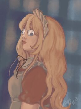 1girl apron blonde_hair dress googly_eyes highres long_hair maid maid_headdress niko_rausu puffy_short_sleeves puffy_sleeves red_dress ribbon short_sleeves touhou touhou_(pc-98) unfinished yumeko_(touhou)