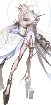 1girl absurdres android asymmetrical_arms bare_shoulders blonde_hair breasts cross cross_earrings crotch_plate crymachina earrings full_body halo highres jewelry large_breasts light_smile long_hair looking_at_viewer navel official_art platform_heels pointy_ears revealing_clothes rolua science_fiction solo transparent_background very_long_hair zoe_(crymachina)