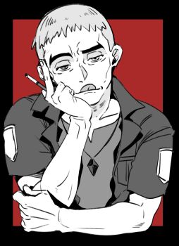 1boy absurdres black_border border cigarette greyscale_with_colored_background hand_on_own_cheek hand_on_own_elbow hand_on_own_face highres holding holding_cigarette jacket jewelry looking_at_viewer male_focus nanu_(pokemon) nazuka_jyo nintendo old old_man open_clothes open_jacket pendant pokemon pokemon_sm red_background shirt short_hair solo tongue tongue_out upper_body z-crystal