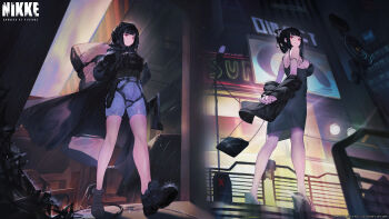 1girl absurdres arms_behind_back backpack bag black_footwear black_gloves black_hair black_jacket blue_shorts breasts copyright_name d_(killer_wife)_(nikke) d_(nikke) dongtan_dress dress from_below gloves goddess_of_victory:_nikke grey_dress handbag harness high_heels highres hood jacket large_breasts mooofoo off_shoulder official_art pencil_dress railing rain red_eyes road_sign shorts sideboob sign smile solo split_screen standing tactical_clothes walking wet