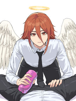 Rule 34 | 2boys, absurdres, all fours, angel, angel devil (chainsaw man), angel wings, artificial vagina, black necktie, black pants, chainsaw man, closed mouth, collared shirt, commentary request, dildo, feathered wings, hair between eyes, halo, highres, holding, holding sex toy, korean commentary, ksksksa, long hair, looking at viewer, male focus, multiple boys, necktie, pants, pov, red eyes, red hair, sex toy, shirt, simple background, spread legs, traditional halo, white background, white shirt, white wings, wings, yaoi, yellow halo
