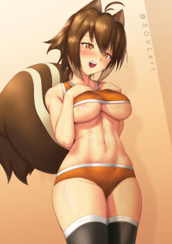 1girl animal_ears bare_shoulders blazblue blush breasts brown_eyes brown_hair highres large_breasts makoto_nanaya open_mouth panties short_hair sleeveless sovlart squirrel_ears squirrel_tail tail teeth thighhighs underboob underwear upper_teeth_only