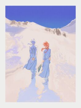 2boys ahoge arms_at_sides arms_behind_back border braid chaldea_uniform clenched_hands coat day facing_away fate/grand_order fate_(series) from_side gloves grey_border high_ponytail highres long_hair long_sleeves male_focus marisbury_animusphere multiple_boys orange_hair outdoors own_hands_together pants ponytail romani_archaman shoes single_braid snow standing sumssingbo walking white_coat white_gloves white_hair white_pants white_shoes