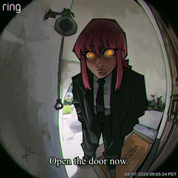 Rule 34 | 1girl, absurdres, alpharecdyt, black jacket, black necktie, black pants, chainsaw man, closed mouth, collared shirt, commentary, doorbell chud (meme), english commentary, english text, highres, jacket, leaning forward, long hair, looking at viewer, makima (chainsaw man), meme, necktie, pants, pink hair, pov peephole, ringed eyes, shirt, solo, suit jacket, white shirt, yellow eyes