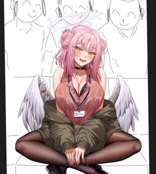 1girl 3boys alternate_costume angel_wings black_bra black_footwear black_pantyhose blue_archive blush bra breasts cleavage collared_shirt crescent crescent_pin doodle_sensei_(blue_archive) double_bun fang feathered_wings fingernails grey_jacket hair_bun halo highres id_card indian_style jacket large_breasts long_hair long_sleeves looking_at_viewer meme mika_(blue_archive) multiple_boys nail_polish nompang open_mouth pantyhose pink_hair pink_halo pink_shirt piper_perri_surrounded_(meme) red_nails sensei_(blue_archive) shirt shoes sitting skin_fang sleeveless sleeveless_shirt smile underwear white_wings wings yellow_eyes