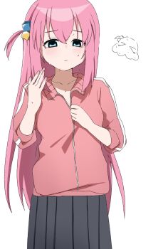 1girl blue_eyes bocchi_the_rock! closed_mouth cube_hair_ornament gotoh_hitori grey_skirt hair_ornament highres hot jacket long_hair one_side_up pink_hair pink_jacket simple_background sketch_inset skirt solo unzipping uuuuua07 white_background