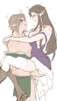 1boy 1girl arms_around_neck blonde_hair blush boots brown_boots brown_hair clothes_lift couple cowboy_shot dress dress_lift earrings heavy_breathing hetero jewelry kurokawa_karasu link long_hair looking_at_another nintendo open_clothes open_mouth parted_bangs pointy_ears princess_zelda purple_dress sex short_hair sidelocks sketch standing standing_sex sweat the_legend_of_zelda the_legend_of_zelda:_twilight_princess thighhighs white_background white_thighhighs