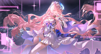 Rule 34 | 1girl, absurdres, aemeath (wuthering waves), breasts, cleavage, elbow gloves, fishprince19, gloves, high ponytail, highres, holding, holding microphone, leotard, long hair, long sidelocks, looking at viewer, mecha musume, microphone, pink hair, ponytail, sidelocks, solo, white gloves, white leotard, wuthering waves, yellow eyes