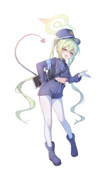 1girl absurdres armband black_tail blue_archive blue_armband buttons commentary demon_tail double-breasted fang green_hair green_halo gyuromi158 halo hat highres long_hair nozomi_(blue_archive) pantyhose peaked_cap pointy_ears skin_fang symbol-only_commentary tail train_conductor twintails very_long_hair white_pantyhose yellow_eyes