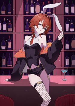 1girl :o ange_katrina animal_ear_hairband animal_ears aqua_eyes arm_support armpit_crease bar_(place) bare_shoulders black_jacket black_shirt black_shorts black_thighhighs bottle breasts cocktail_glass collared_shirt commentary_request contrapposto crossed_bangs cup drinking_glass earrings fake_animal_ears feet_out_of_frame fishnet_thighhighs fishnets gold_earrings hair_intakes hair_ornament hairband halter_shirt halterneck hand_up haruwo head_tilt highres jacket jacket_partially_removed jewelry long_bangs long_sleeves looking_at_viewer medium_hair micro_shorts navel necktie nijisanji nontraditional_playboy_bunny official_alternate_costume orange_jacket puffy_long_sleeves puffy_sleeves quilted_jacket rabbit_ear_hairband rabbit_ears red_hair red_necktie shelf shirt short_necktie shorts single_thighhigh sleeveless sleeveless_shirt sleeves_past_wrists small_breasts solo standing thigh_gap thighhighs triangle_earrings triangle_hair_ornament two-sided_fabric two-sided_jacket virtual_youtuber white_shirt wolf_cut