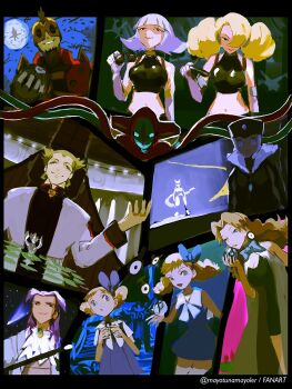 3boys 4girls annie_(pokemon) ascot black_border blonde_hair blue_bow border bow bowtie breasts butler_(pokemon) closed_mouth commentary crop_top deoxys dress entei gen_1_pokemon gen_2_pokemon gen_3_pokemon grin hair_bow hair_over_one_eye hand_up hands_up highres holding iron-masked_marauder joy_(pokemon) lawrence_iii_(pokemon) legendary_pokemon mayotsunamayo mewtwo molly_hale multiple_boys multiple_girls mythical_pokemon nintendo oakley_(pokemon) pokemon pokemon:_jirachi:_wish_maker pokemon_(anime) pokemon_(classic_anime) pokemon_(creature) pokemon_3:_the_movie_-_spell_of_the_unown:_entei pokemon_4ever_-_celebi:_the_voice_of_the_forest pokemon_heroes:_latios_&amp;_latias pokemon_rse_(anime) pokemon_the_movie_2000:_the_power_of_one purple_hair short_sleeves smile teeth twitter_username unown white_ascot