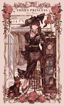 1girl antique_phone black_cat black_choker black_dress black_gloves black_hair black_hat black_shoes bow bowtie breasts cat chaoxibumian character_name choker clock closet clothes_hanger dress falling_petals flower full_body gloves hair_between_eyes hat highres long_dress long_hair medium_breasts open_mouth petals red_bow red_bowtie red_eyes red_flower red_petals red_rose rose shoes sidelocks sitting smile spy_x_family sun_hat talking_on_phone wide_brim yor_briar