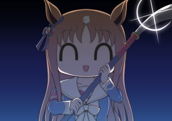 1girl animal_ears armband blue_jacket blue_ribbon bow brown_hair closed_eyes collarbone ear_ribbon false_smile glint gradient_background grass_wonder_(umamusume) highres holding holding_polearm holding_weapon horse_ears horse_girl jacket kuroyaki_soba long_hair long_sleeves looking_at_viewer multicolored_hair naginata open_mouth polearm ribbon sailor_collar shine smile solo sparkle two-tone_hair umamusume upper_body weapon white_sailor_collar yandere