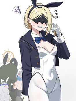 Rule 34 | 1boy, 1other, 2girls, absurdres, anger vein, animal ear hairband, animal ears, ass, blindfold mask, blonde hair, blush, bow, bowtie, breasts, brother and sister, burn scar, commentary request, covered eyes, detached collar, duchess (elden ring), elden ring, elden ring nightreign, fake animal ears, flower wreath, flying sweatdrops, gloves, hairband, highres, idzuki kenkyu-in, leotard, libra (elden ring), long hair, mask, multiple girls, pantyhose, playboy bunny, pocket watch, rabbit ear hairband, rabbit ears, revenant (elden ring), scar, short coat, siblings, simple background, small breasts, strapless, strapless leotard, sweat, watch, white background, white gloves, white leotard, white pantyhose, wylder (elden ring)