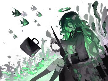 1boy angelfish black_bag black_eyes black_jacket black_shorts black_socks chinese_commentary closed_mouth collared_shirt commentary_request curly_hair diagonal-striped_clothes diagonal-striped_necktie expressionless fish green_eyes green_hair green_halo green_necktie hair_between_eyes hair_ornament halo heterochromia highres jacket legwear_garter long_bangs long_hair male_focus necktie original shell shell_hair_ornament shirt shorts sitting socks solo striped_clothes vihua6 wavy_hair white_shirt