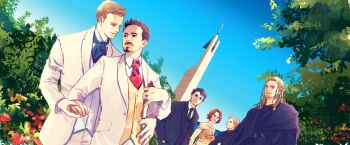 Rule 34 | 1girl, 5boys, avengers (series), bare shoulders, beard, black cape, black eyes, black hair, black jacket, black necktie, black vest, blonde hair, blue eyes, blue necktie, blue sky, brown eyes, brown hair, bruce banner, buttons, cape, clint barton, closed mouth, collared shirt, commentary request, cross, day, dress, facial hair, fingernails, flower, formal clothes, green eyes, hand up, hands in pocket, heterochromia, highres, holding, holding hands, husband and husband, jacket, jewelry, lapels, long hair, long sleeves, looking at another, marvel, mochishio, multiple boys, natasha romanoff, necklace, necktie, open clothes, open jacket, orange flower, outdoors, pants, red flower, red hair, red necktie, shirt, short hair, sidelocks, sky, sleeveless, sleeveless dress, smile, standing, steve rogers, strapless, strapless dress, suit, thor (marvel), tony stark, tree, vest, wavy hair, white jacket, white pants, white shirt, white vest, yaoi, yellow dress, yellow vest