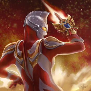 Rule 34 | 1boy, alien, arm guards, arm up, armor, artist name, blue gemstone, breastplate, colored skin, commentary, dorsal fin, energy blade, fiery background, fire, forehead jewel, from behind, gem, glowing, glowing eyes, light particles, looking ahead, male focus, max galaxy, max spark, multicolored skin, pectorals, red skin, shoulder armor, shoulder pads, signature, silver skin, snowslide, solo, spine, tokusatsu, toned, toned male, two-tone skin, ultra series, ultraman max, ultraman max (series), upper body, weapon, yellow eyes