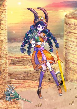 Rule 34 | 1girl, absurdres, armor, black hair, bracelet, braid, closed mouth, commission, dawn, dominions (game series), dot nose, ea ashdod, extra digits, flower, full body, gem hair ornament, gold necklace, gold ring, gold weapon, hat, hexagram, highres, holding, holding flower, horns, jewelry, long hair, multiple braids, necklace, ocean, outdoors, pixiv commission, purple eyes, purple sash, purple shirt, purple socks, ruins, sand, sash, scale armor, shield, shirt, shore, sitting, socks, solo, star of david, sun, toes, watarohata