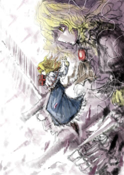 2b-ge alice_margatroid blonde_hair blue_dress capelet chinese_commentary doll dress frilled_dress frilled_hairband frills goliath_doll grimoire_of_alice hairband highres magic medium_hair one-hour_drawing_challenge red_hairband shirt thread touhou white_background white_capelet white_shirt yellow_eyes