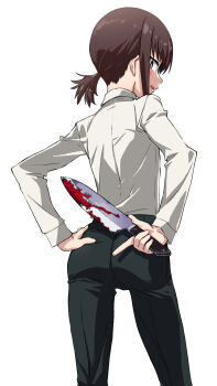 1girl absurdres ass black_pants blood bloody_weapon brown_eyes brown_hair chainsaw_man commentary_request cowboy_shot drooling from_behind hand_on_own_ass higashiyama_kobeni highres holding holding_knife kitchen_knife knife kuuchuu_yousai looking_back pants ponytail shirt short_ponytail snot solo sweat tears weapon white_shirt