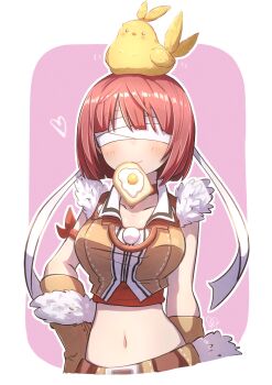 1girl animal animal_on_head armband bandam bird bird_on_head blindfold bread bread_slice breasts brown_gloves brown_shirt commentary_request crop_top food food_in_mouth fried_egg fried_egg_on_toast fur-trimmed_gloves fur-trimmed_shirt fur_trim gloves highres medium_breasts midriff mouth_hold navel on_head purple_background ragnarok_online ragnarok_origin red_hair shirt short_hair sleeveless sleeveless_shirt sniper_(ragnarok_online) solo toast toast_in_mouth two-tone_background upper_body white_background