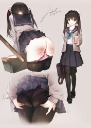 Rule 34 | 1girl, 1other, absurdres, ass, bag, bent over, black hair, black pantyhose, blue sailor collar, blue skirt, brown background, brown eyes, brown hair, chinese commentary, clothes pull, commentary request, dated, desk, fireball 666, grey shirt, highres, holding ruler, long hair, long sleeves, looking at viewer, original, panties, panties under pantyhose, panty pull, pantyhose, pantyhose pull, pink panties, pleated skirt, sailor collar, school bag, school desk, school uniform, serafuku, shirt, skirt, spanked, spanking, twintails, underwear