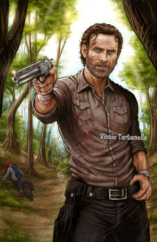 1boy 2others artist_name bandaged_arm bandages belt belt_buckle black_belt black_pants blood blood_on_arm blood_on_clothes blood_on_face blood_stain blue_eyes brown_shirt buckle bush colt_python commentary corpse cropped_legs day death dirt_road dress_shirt english_commentary facial_hair foliage forest gun hair_behind_ear hand_on_belt handgun highres holding holding_gun holding_weapon holster light_particles looking_ahead male_focus multiple_others nature no_bangs open_collar outdoors pants parted_lips path pocket pouch realistic revolver rick_grimes road shirt shirt_tucked_in short_hair signature sleeves_rolled_up standing sunlight teeth the_walking_dead torn_clothes tree undead vinnie_tartamella watch weapon wristwatch zombie