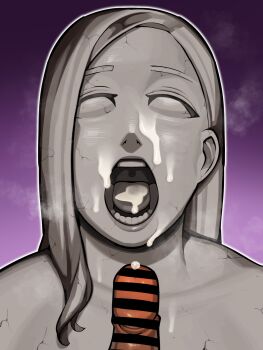 Rule 34 | 1boy, 1girl, censored, collarbone, colored eyebrows, colored eyelashes, colored sclera, colored skin, colored tongue, cracked skin, cum, cum in mouth, cum on body, curtained hair, exhatomi, facial, forehead, grey sclera, grey skin, grey tongue, hair over shoulder, highres, no irises, no pupils, open mouth, original, parted bangs, penis, petrification, portrait, pupiless eyes, solid eyes, statue, steam, stone skin, teeth, transformation