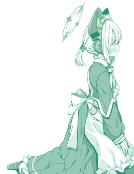1girl animal_ear_headphones animal_ears apron blue_archive blush cat_ear_headphones cat_ears cat_tail dress fake_animal_ears fake_tail from_side green_eyes green_halo green_theme halo headphones highres kneeling long_sleeves maid maid_apron maid_headdress midori_(blue_archive) midori_(maid)_(blue_archive) monochrome official_alternate_costume pleated_dress ponytail short_hair simple_background tail takahero white_apron white_background