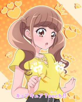 1girl :o ^^^ animal_hands artist_name belt black_belt blunt_bangs blush breasts brown_eyes brown_hair casual clenched_hands collarbone commentary diagonal-striped_background disembodied_hand embarrassed furrowed_brow gradient_background hands_up healin'_good_precure heart heart_background highres hiramitsu_hinata looking_at_viewer medium_hair molestation no_jacket nyatoran_(precure) outline paw_print paw_print_background polka_dot polka_dot_background precure sakuragawa3710 sexual_harassment shirt short_sleeves small_breasts striped_background translated twintails upper_body yellow_background yellow_outline yellow_shirt yellow_theme