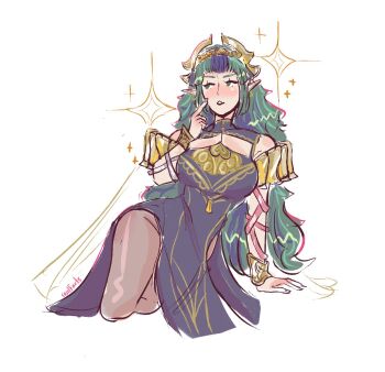 Rule 34 | 1girl, arm wrap, bare shoulders, blue dress, blush, breasts, brown pantyhose, commentary, dress, finger to cheek, fingernails, fire emblem, fire emblem: fortune's weave, fire emblem: three houses, gold trim, green eyes, green hair, large breasts, leaning to the side, long hair, looking to the side, nintendo, pantyhose, pointy ears, sealfarts, sothis (adult) (fire emblem), sothis (fire emblem), sparkle, thighs