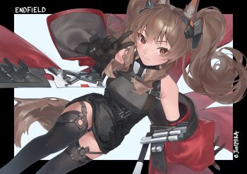 1girl angelina_(arknights) animal_ear_fluff animal_ears arknights arknights:_endfield bare_shoulders belt black_border black_gloves black_thighhighs border bracelet brown_hair coat colored_inner_animal_ears commentary copyright_name diamond-shaped_pupils diamond_(shape) dot_nose dress dutch_angle elbow_gloves english_commentary fox_ears fox_girl fox_tail gilberta_(arknights) gloves grey_background grey_dress hand_up headpiece high_belt high_collar highres impossible_clothes impossible_dress infection_monitor_(arknights) jewelry long_hair looking_at_viewer mkrk_mikaerukung off_shoulder open_clothes open_coat orange_eyes outside_border red_coat short_dress simple_background smile solo symbol-shaped_pupils tail thighhighs twintails twitter_username v v-shaped_eyebrows wide_sleeves zettai_ryouiki