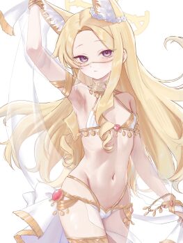 1girl alternate_costume animal_ear_fluff animal_ears arabian_clothes arm_up armlet armpit_crease armpits bare_shoulders blonde_hair blue_archive blush bracelet bracer closed_mouth commentary_request cross_halo dancer ear_wreath expressionless extra_ears flat_chest flower forehead fox_ears fox_girl gold_collar gold_trim hair_flower hair_ornament halo harem_outfit highres jewelry konkawa_1223 loli long_hair long_sidelocks looking_at_viewer missing_tail mouth_veil navel neck_ring official_alternate_costume pelvic_curtain pink_eyes see-through_clothes see-through_pelvic_curtain see-through_sleeves see-through_veil seia_(blue_archive) seia_(harem)_(blue_archive) sidelocks simple_background solo thighs veil very_long_hair white_background white_veil yellow_halo