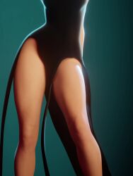 1girl 3d angry animated annoyed arms_behind_back bare_shoulders black_dress blender_(medium) blue_background bouncing_breasts breasts crossover curly_hair dancing dress green_eyes green_hair head_out_of_frame highres legs lower_body medium_breasts music one-punch_man short_hair sleeveless solo sound swaying tatsumaki thick_thighs thighs video