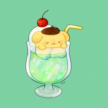 :3 beret brown_hat cherry closed_eyes closed_mouth commentary cup drinking_glass drinking_straw food fruit green_background hat in_container in_cup melon_soda pompompurin sanrio signature simple_background solo tenmiyakiyo