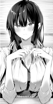 1girl breasts greyscale haite_kudasai_takamine-san highres hiiragi_yuuichi large_breasts long_hair monochrome shirt skirt solo takamine_takane