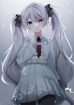 1girl 25-ji_miku 25-ji_nightcord_de._(project_sekai) absurdres aqua_eyes belt black_bow black_pantyhose blue_eyes bow collared_dress cowboy_shot crying dress grey_background grey_hair hair_bow hand_on_own_chest hatsune_miku heterochromia highres long_hair long_sleeves looking_at_viewer necktie pantyhose parted_lips pink_eyes pleated_dress project_sekai rain_re_a red_necktie ribbon snowflake_print solo tears twintails very_long_hair white_belt white_dress white_hair
